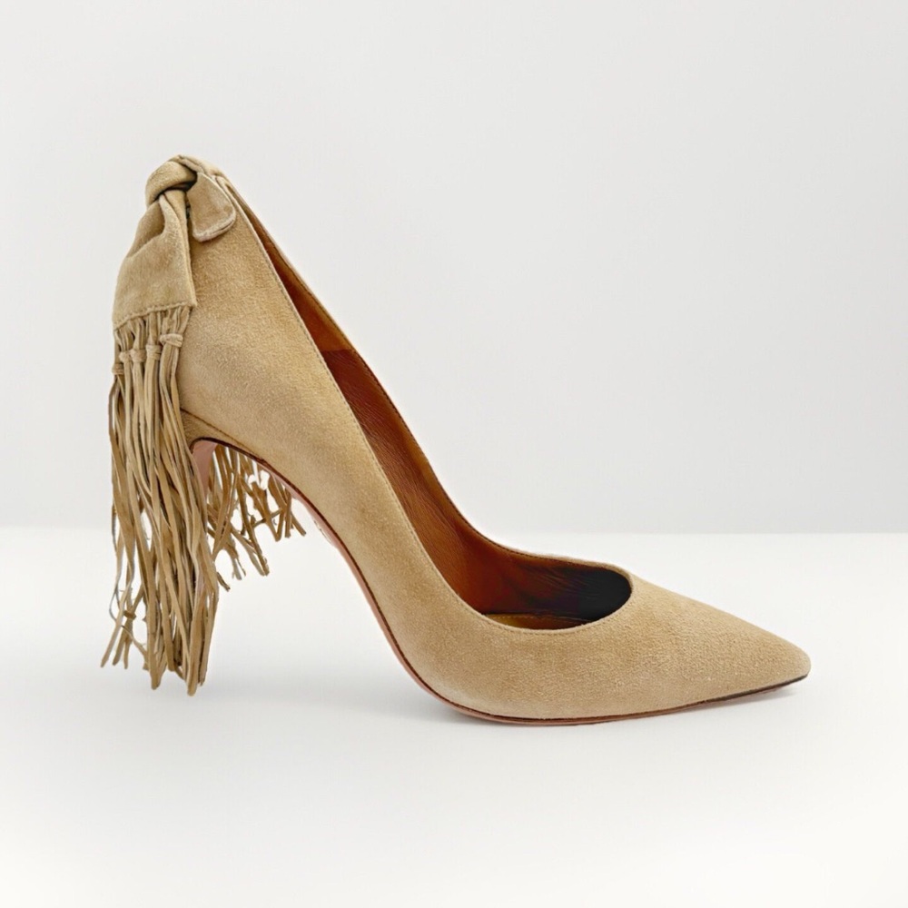 AQUAZZURA TAN CAMEL SUEDE HANGING FRINGE TIE KNOT POINTED TOE HIGH HEEL PUMPS
